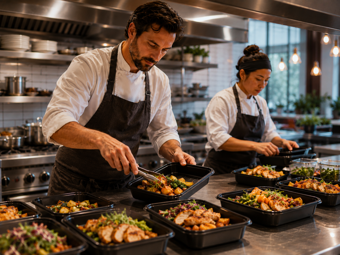 Restaurant chefs packing prepared meals into black delivery containers
